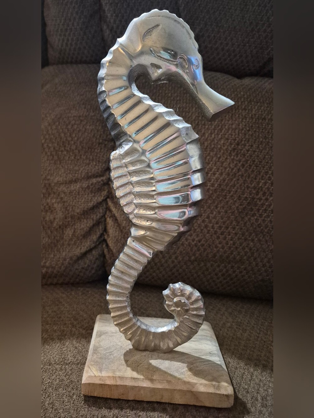 Decorative Silver Seahorse Sculpture on Wood Base - Home Art